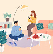 情侣在家玩手机插画图片素材
