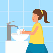 一个小女孩在水槽里洗手的概念向量插图。在水龙头下用肥皂和水洗手。平面设计的病毒和细菌预防保健。图片素材
