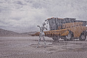 机器人在沙漠中仰望雨水图片素材