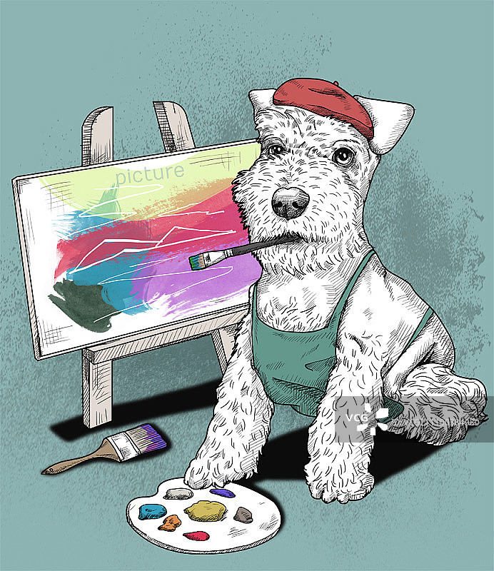 雪纳瑞犬穿着像画家图片素材