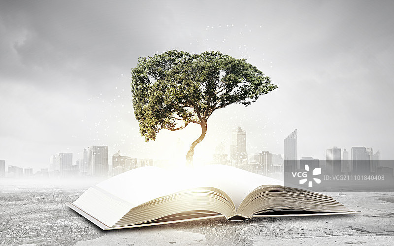 概念形象与绿树生长从书。阅读与自我教育图片素材