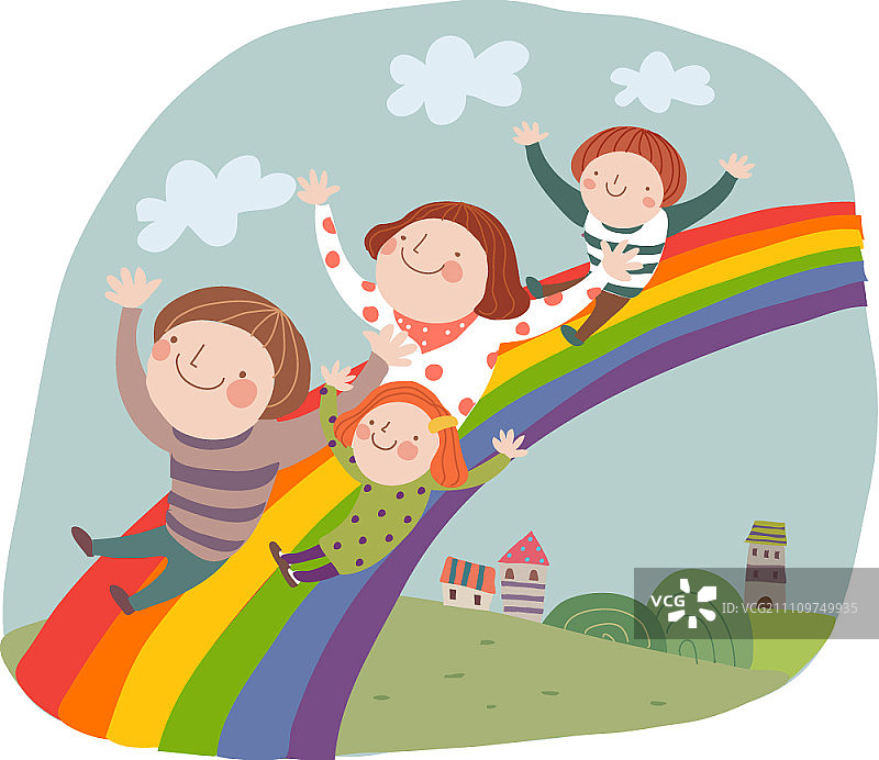 一家人从彩虹上滑下来图片素材