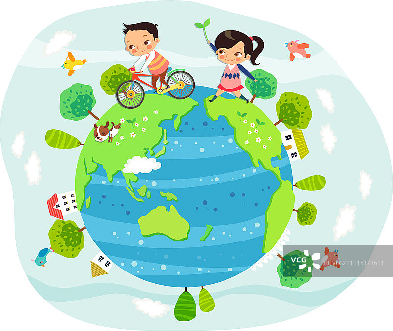 女孩抱着蓓蕾，男孩骑着自行车在地球上行走图片素材