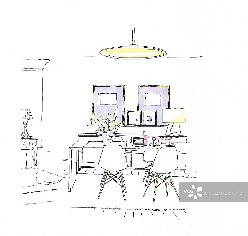 餐厅的插图与桌子，椅子和吊灯图片素材