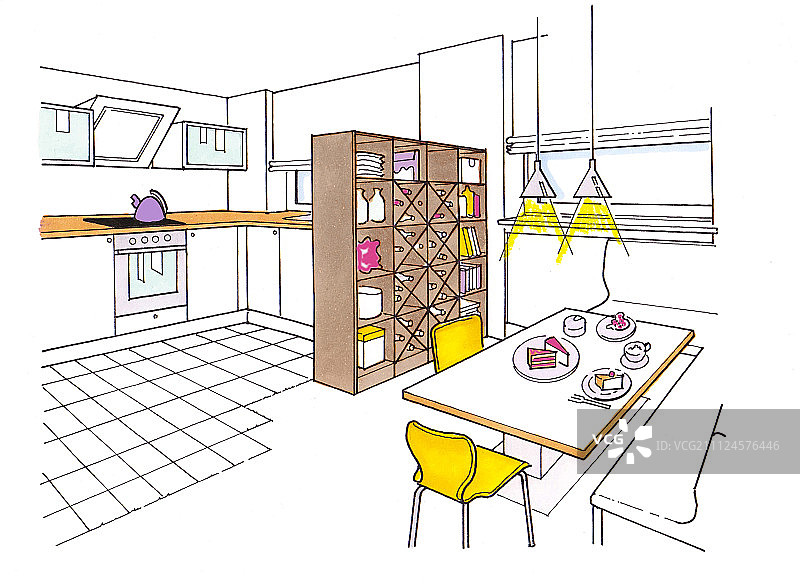 厨房和餐桌的插图图片素材