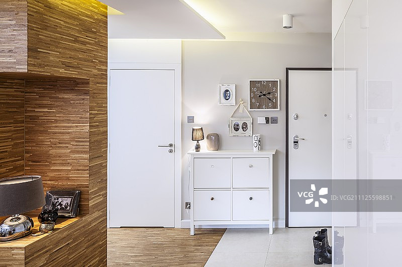 在走廊的门之间用工程木材覆盖的隔断和白色的抽屉柜图片素材