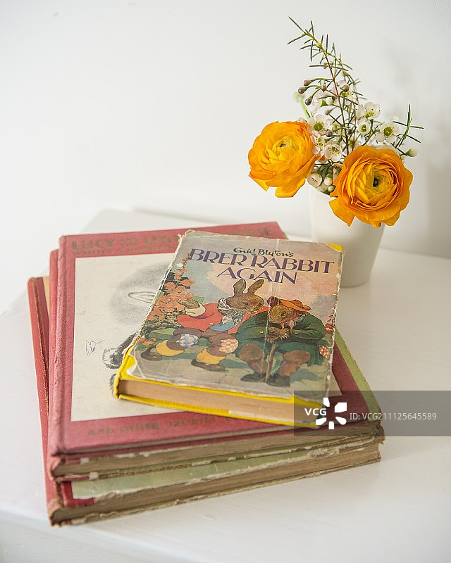 复古儿童书籍旁边的盆花烧杯上的白色儿童桌子图片素材