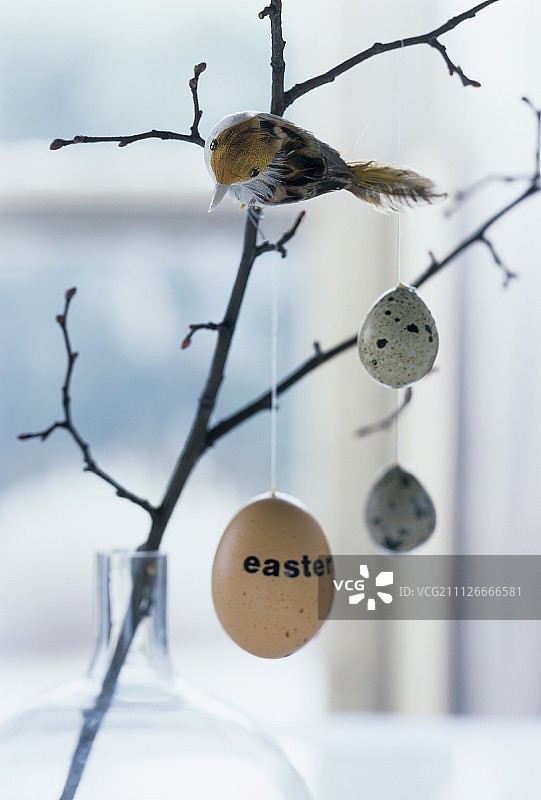 复活节装饰:树枝上有蛋和鸟图片素材