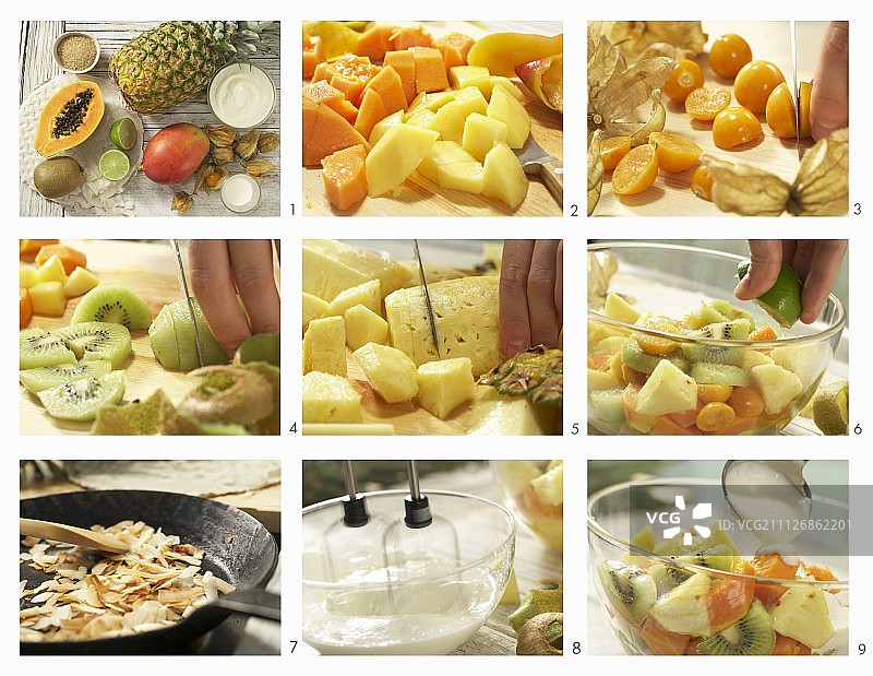 如何用椰子和椰子酸奶制作热带水果沙拉图片素材