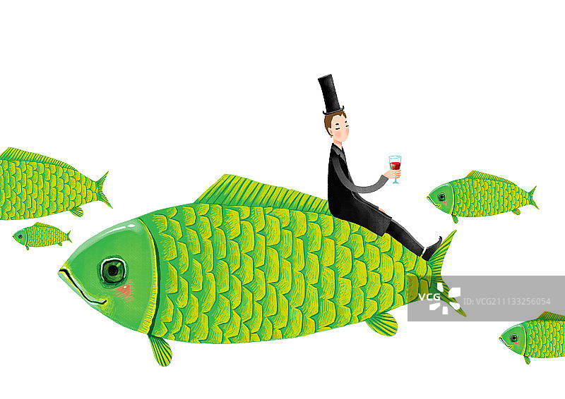 大礼帽大绅士系列插画-坐在鱼上喝着红酒图片素材
