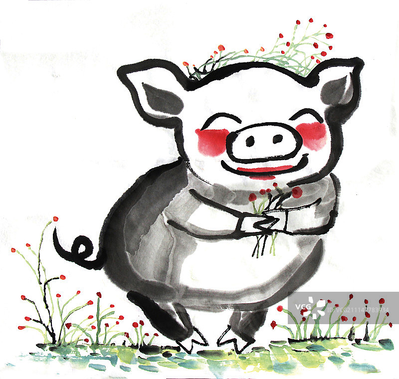 中国画十二生肖大全套共600多幅水墨画-生肖猪系列图片素材