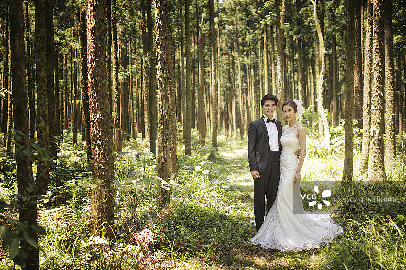 新郎和新娘在森林里拍照图片素材