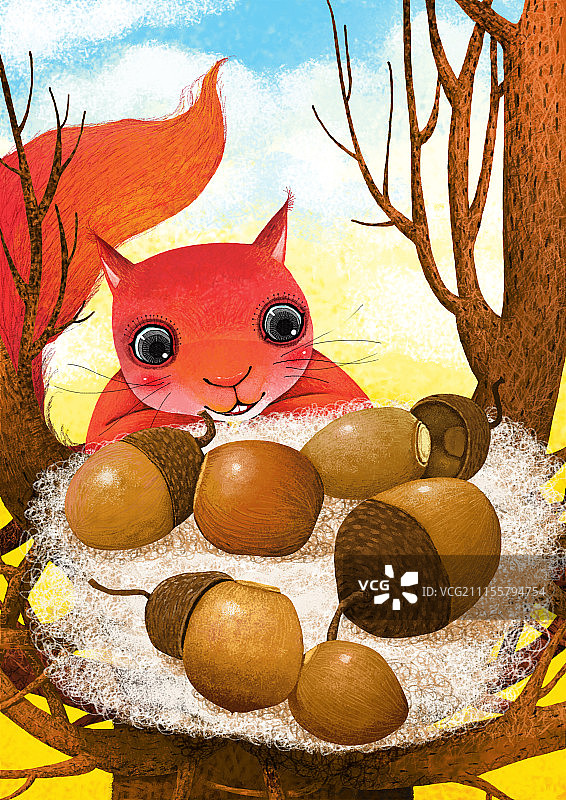 动物插画系列作品共3000幅-红松鼠和榛子图片素材