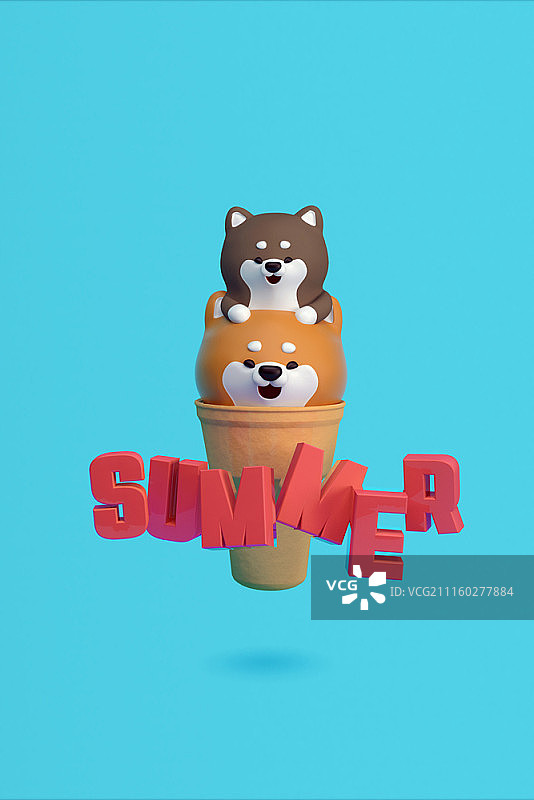 夏季主题的狗性格的3D插图图片素材