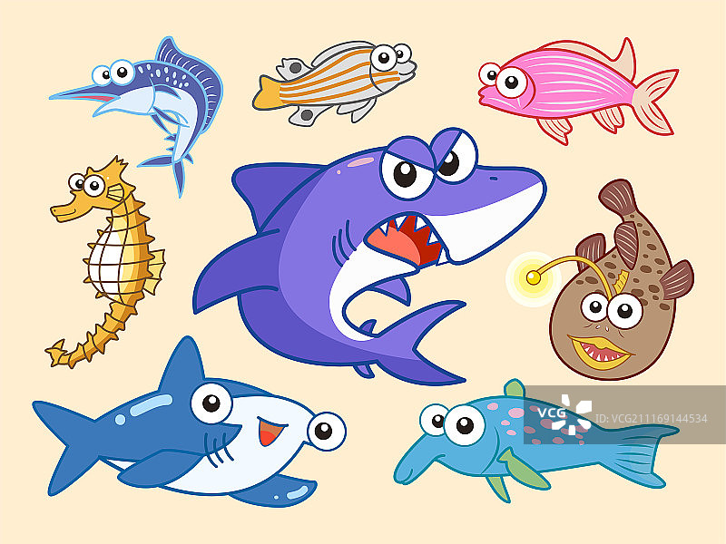 海洋生物卡通素材，鲨鱼与其他鱼类图片素材