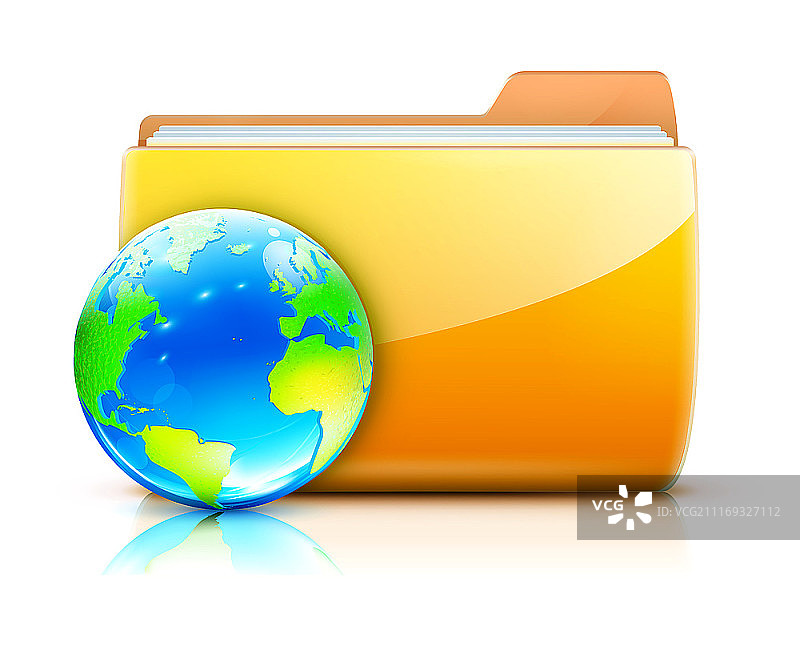 全球共享概念图标黄色文件夹和光滑的地球仪矢量插图图片素材