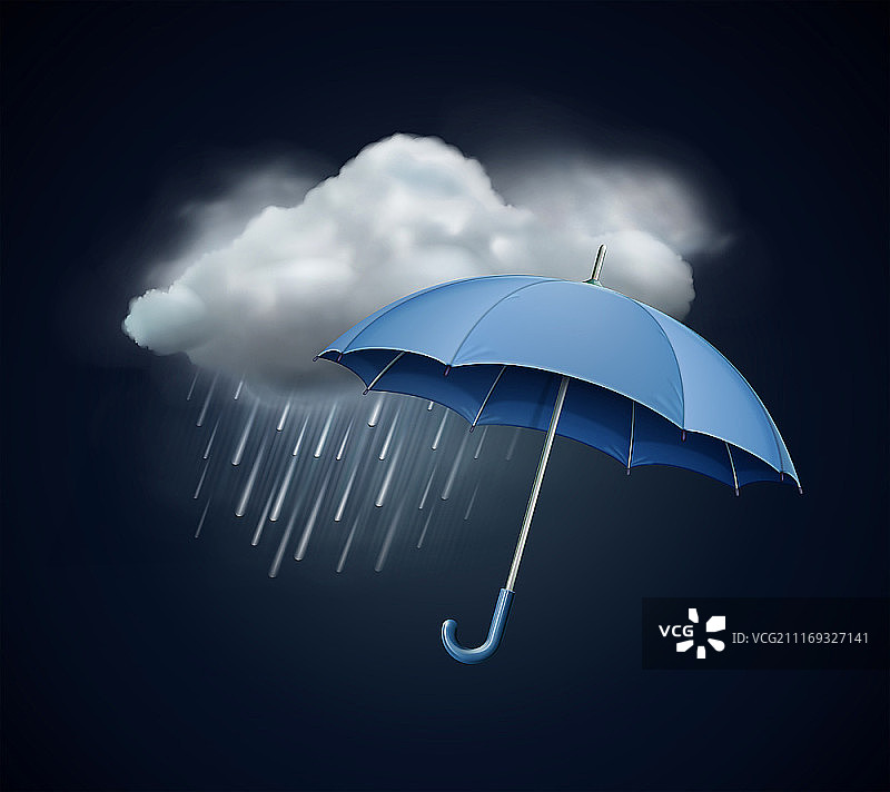 矢量图凉爽的单一天气图标-优雅的打开伞和云与大雨在黑暗的天空图片素材