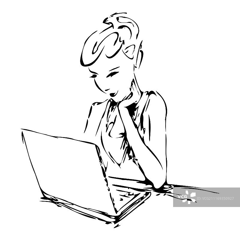 一个女孩在笔记本电脑上工作的图像。矢量图图片素材