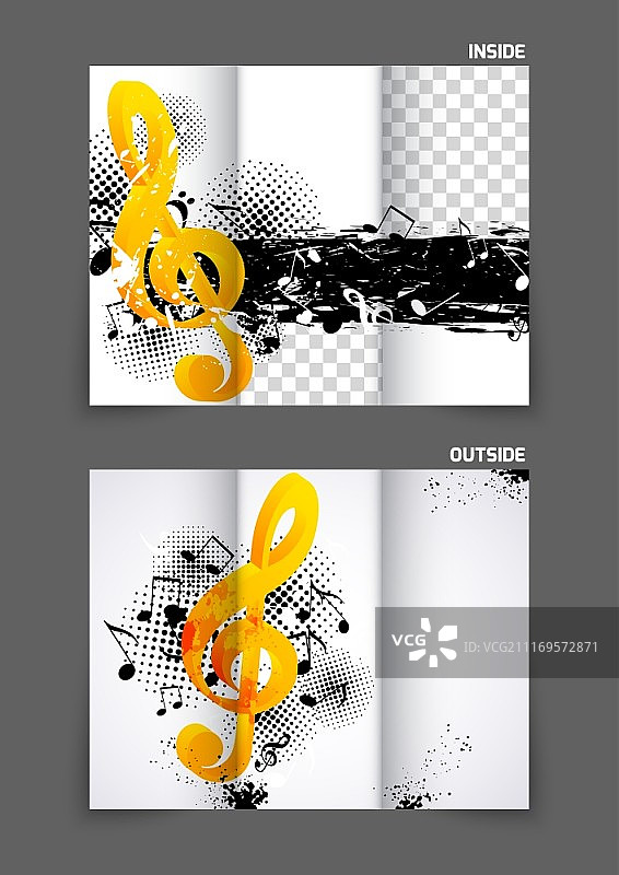 音乐grunge黄色g谱号设计的三折宣传册图片素材