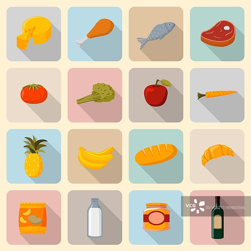 超市食品图标一套新鲜和天然蔬菜，水果，肉和鱼孤立矢量插图图片素材