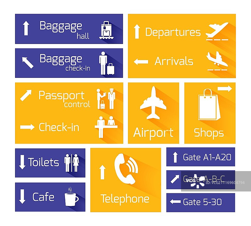 机场商务导航信息图设计元素带有箭头和航班抵离符号矢量图图片素材
