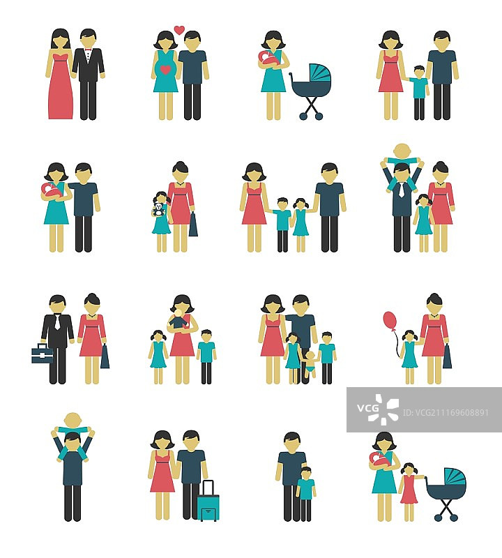 家庭人物图标，父母，孩子，已婚夫妇孤立的矢量插图图片素材