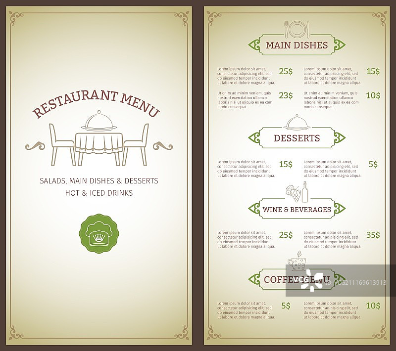 优雅的餐厅菜单列表与装饰元素矢量插图图片素材