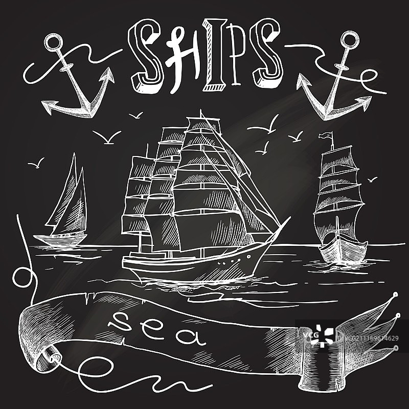 船黑板海报与海鸟锚和航行元素矢量插图。图片素材
