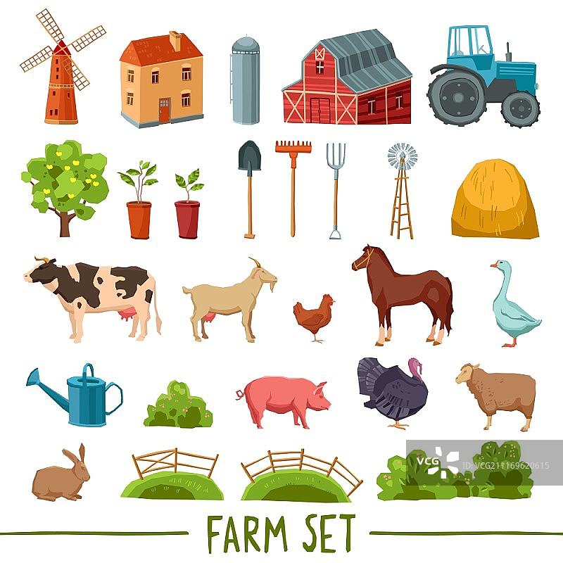 农场多色图标设置房子，谷仓，拖拉机，树，草垛，家畜，家禽，花园工具孤立矢量插图。农场多色图标集图片素材