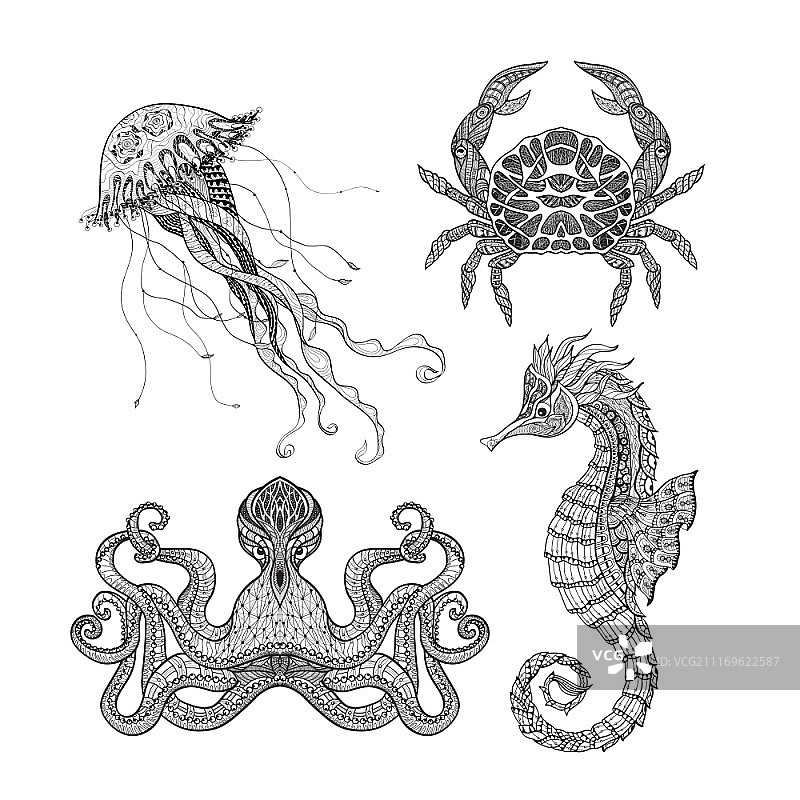 海洋海洋涂鸦集。海洋动物，海马，章鱼，水母和螃蟹，图标设置黑线设计抽象矢量孤立的插图图片素材