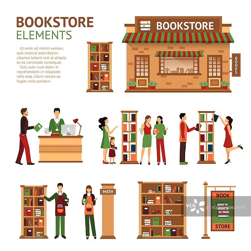 平面书店元素图像集。书店元素的图像集，如商店建设现金箱、书商和客户选择书籍孤立的矢量插图图片素材