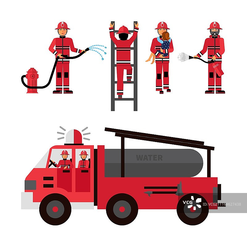 消防装饰图标集。消防队员平面颜色图标设置在白色背景与消防车和消防队员队孤立矢量插图图片素材
