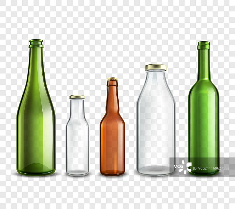 玻璃瓶透明。玻璃瓶逼真的3d设置隔离在透明背景矢量插图图片素材