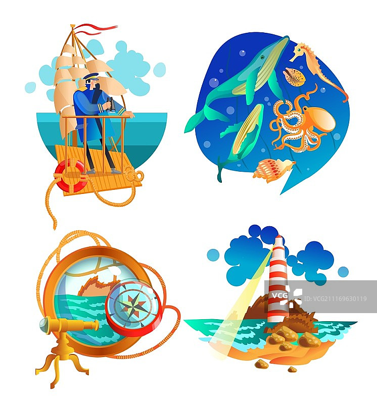 海洋海洋标志集。航海海洋符号2平面图标设置与帆船船长和灯塔复古抽象孤立矢量插图图片素材