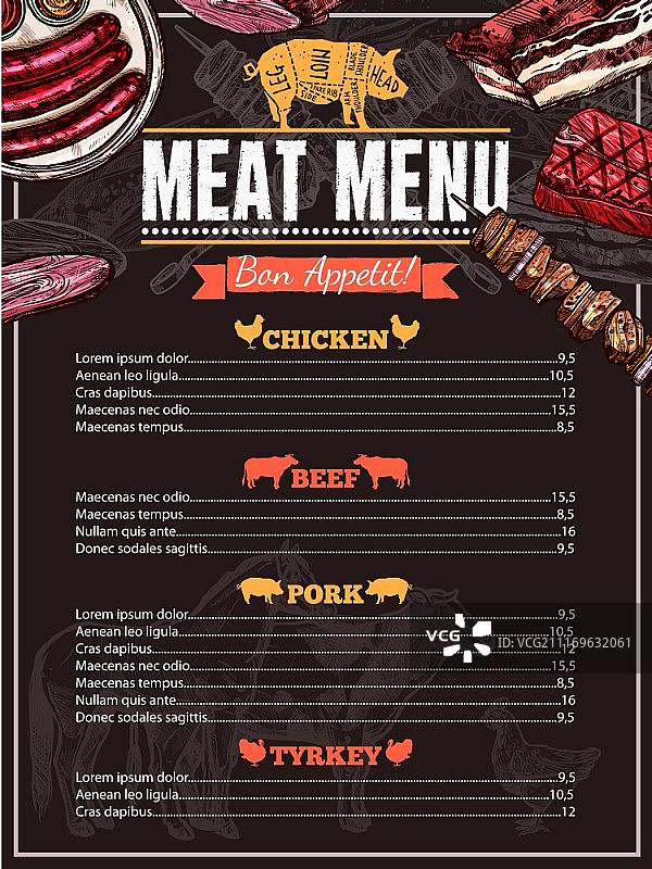 手绘肉类菜单。手绘肉类菜单与价格鸡肉猪肉火鸡和牛肉菜肴矢量插图图片素材