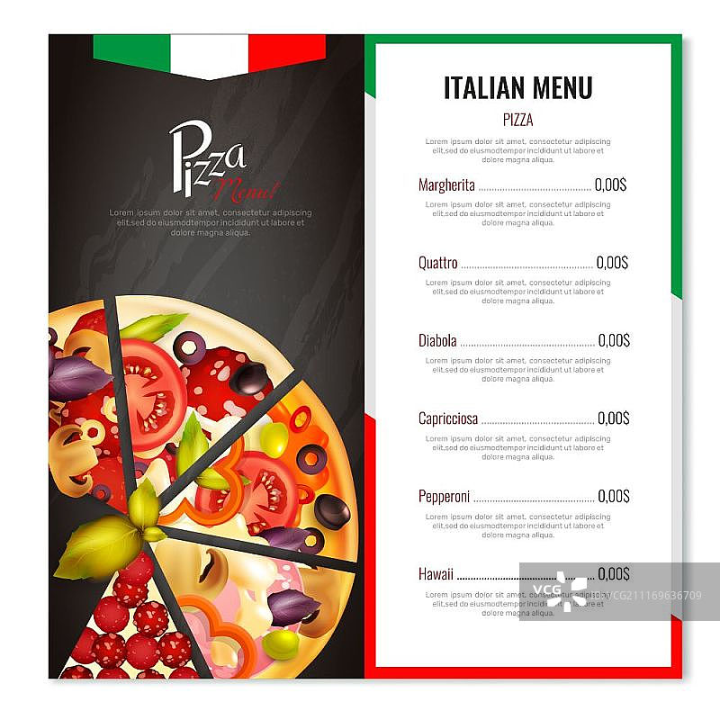 意大利披萨菜单设计。披萨菜单设计与现实图像的披萨片与意大利国家象征和可编辑的文本矢量插图图片素材