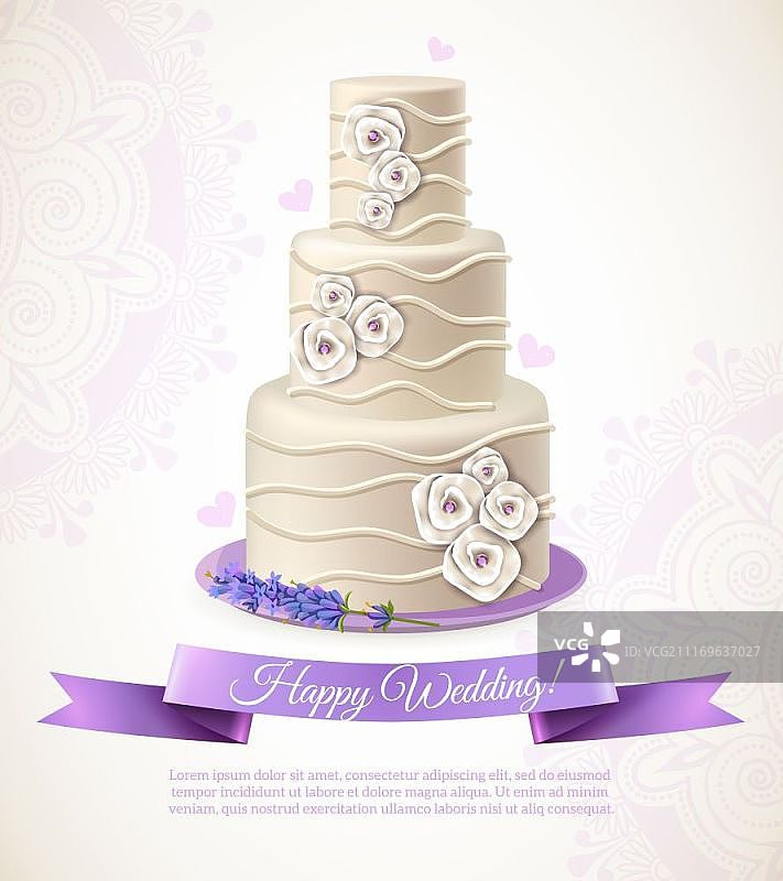 婚礼蛋糕插图。婚礼白色蛋糕与装饰祝愿和丝带卡通矢量插图图片素材