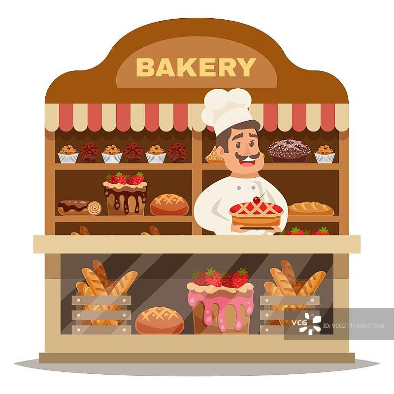 面包店设计概念。面包店设计概念与厨师在帽子站在柜台后，并提供糕点平面矢量插图图片素材