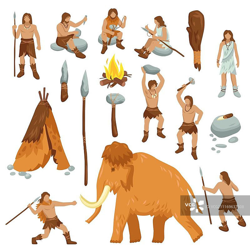 原始人平面卡通图标集。原始人平面卡通图标设置与石器时代的穴居人武器工具和古代动物孤立矢量插图图片素材