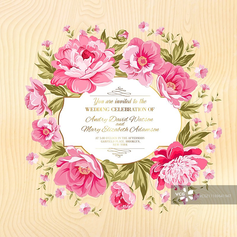 复古卡片设计与鲜花和花瓣木制纹理矢量插图。图片素材