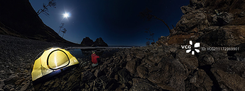 圆柱360全景的人在帐篷的石头海滩上的肖尔图片素材