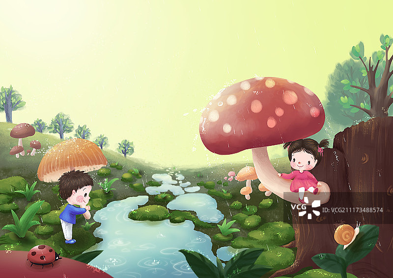 雨中蘑菇嬉戏图片素材