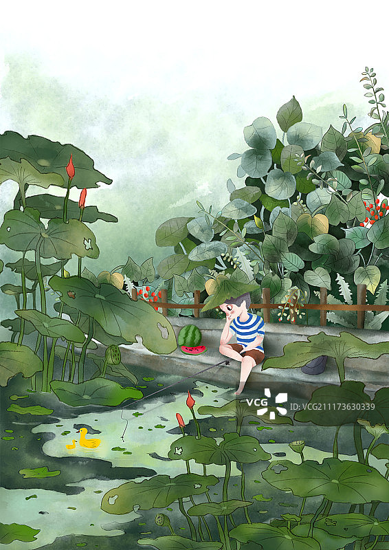 夏日池塘垂钓的小男孩图片素材