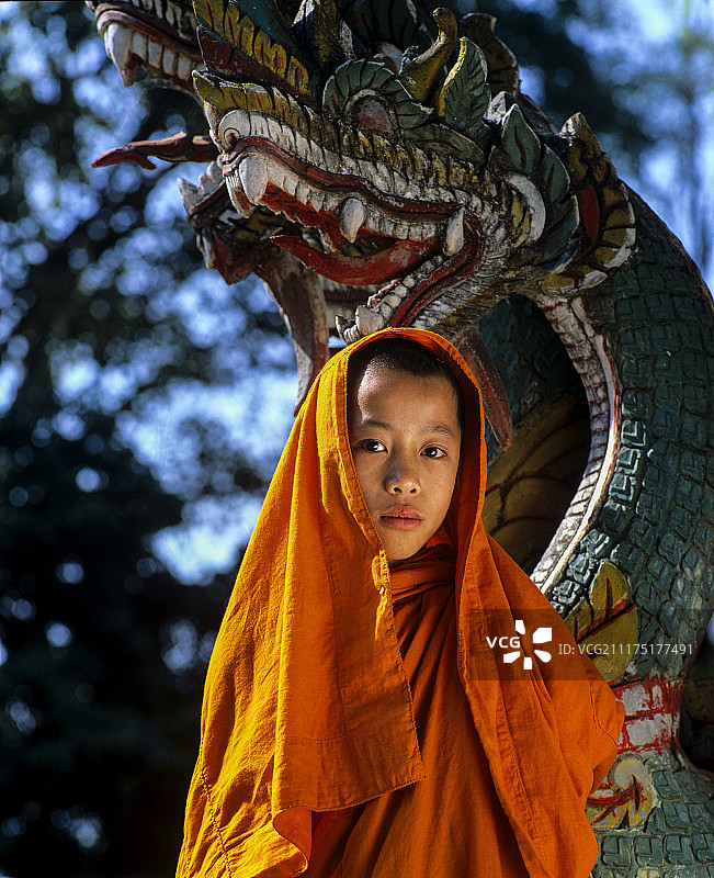 亚洲泰国，佛教新手站在那伽神像前图片素材