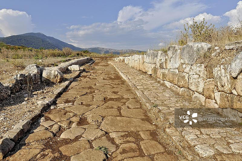 欧洲，意大利，拉齐奥，勒皮尼山，蒙蒂勒皮尼，诺玛附近，公元前4世纪古罗马城市诺尔巴的考古遗址，鹅卵石街道，路面和墙壁的遗迹图片素材
