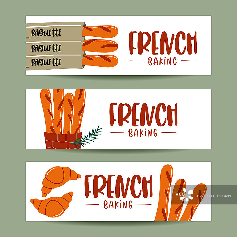 传统法式糕点，面包。法国长棍面包,羊角面包。矢量插图。图片素材