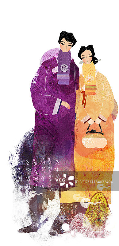一对穿着韩国传统服装的夫妇的插图图片素材