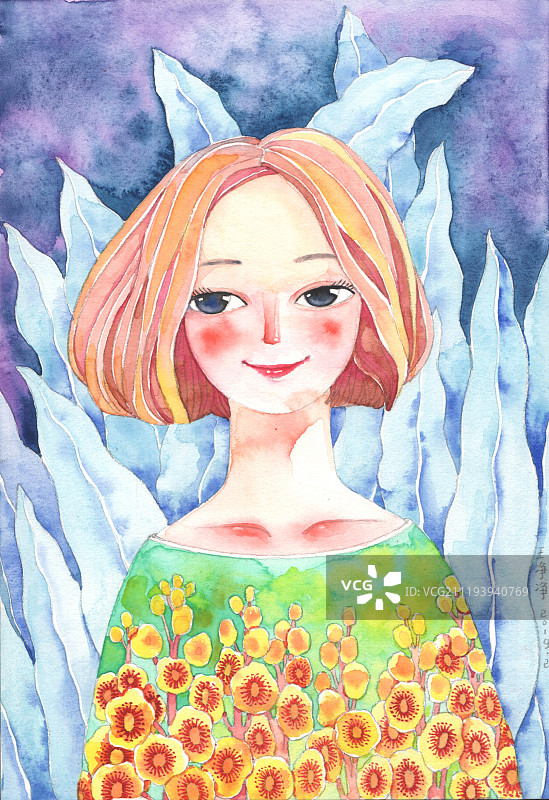 水彩插画穿着花卉衣服的漂亮短发女孩图片素材