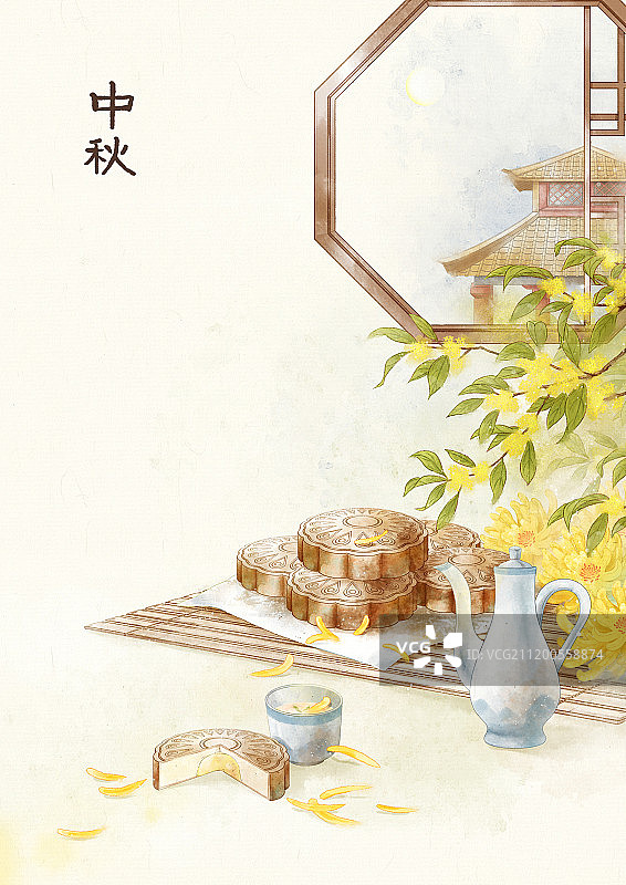 水彩中国风水墨中秋节习俗月饼插画 文字图片素材