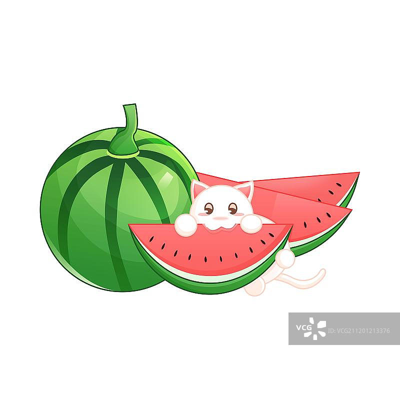 可爱卡通风格的小猫吃西瓜图片素材